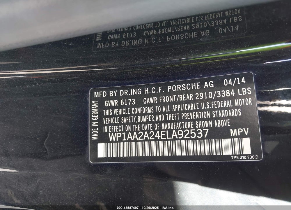 2014 PORSCHE CAYENNE VIN: WP1AA2A24ELA92537