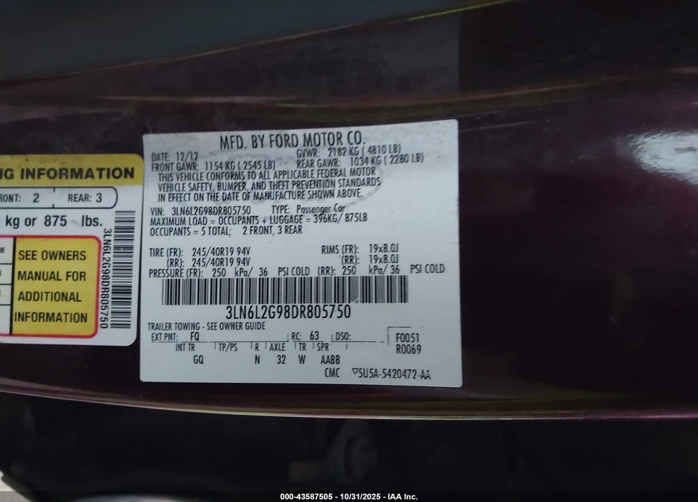 2013 LINCOLN MKZ VIN: 3LN6L2G98DR805750