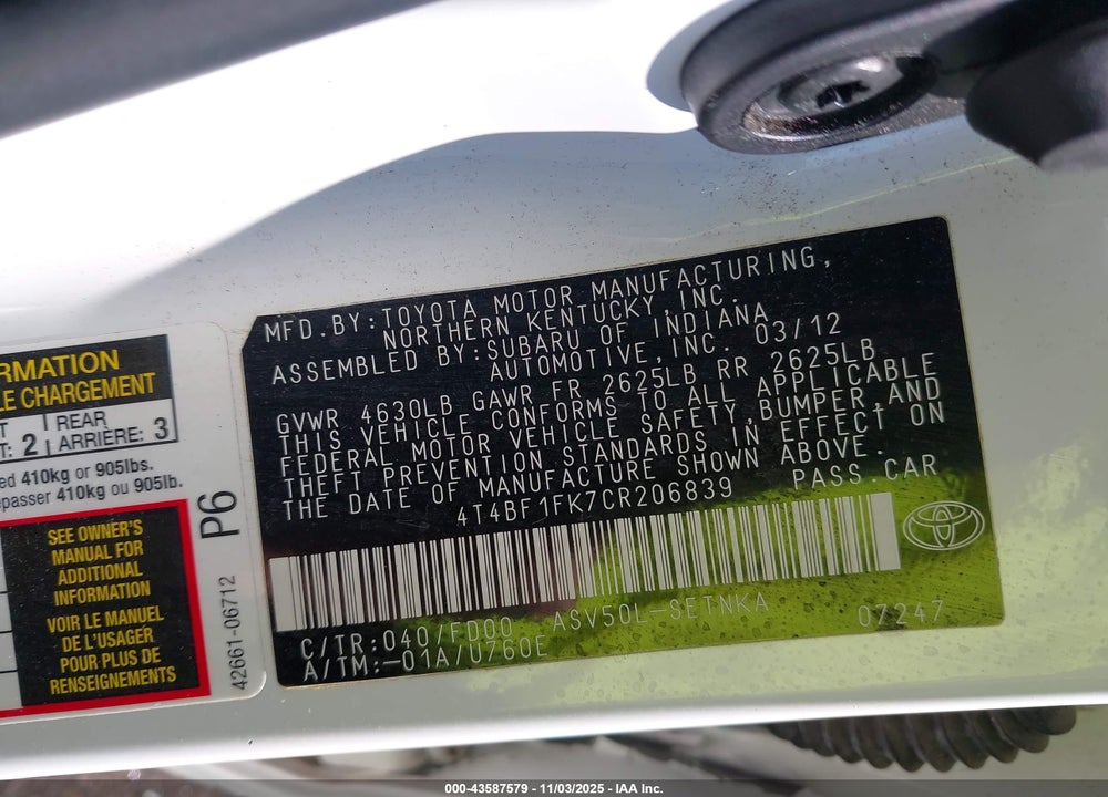 2012 TOYOTA CAMRY LE VIN: 4T4BF1FK7CR206839