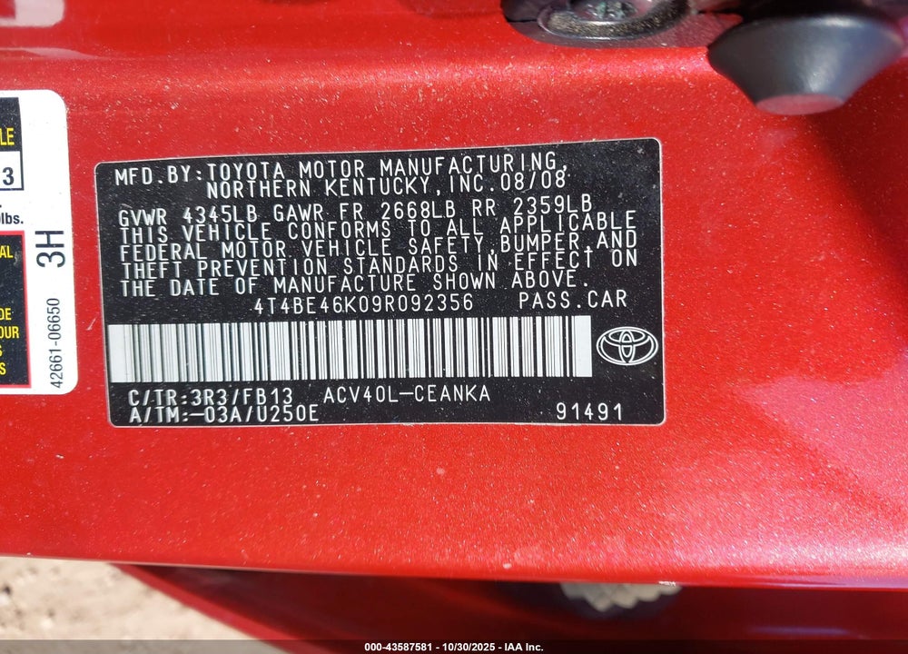 2009 TOYOTA CAMRY LE VIN: 4T4BE46K09R092356