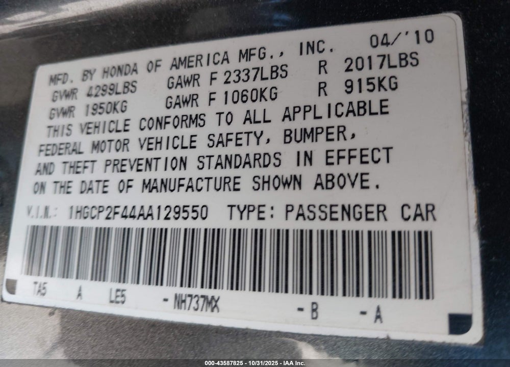 2010 HONDA ACCORD 2.4 LX-P VIN: 1HGCP2F44AA129550