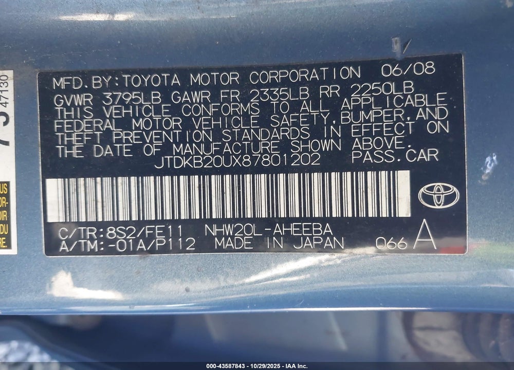 2008 TOYOTA PRIUS VIN: JTDKB20UX87801202