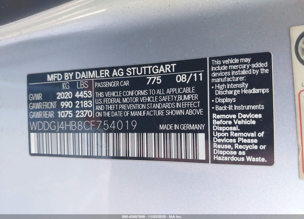 2012 MERCEDES-BENZ C 250 VIN: WDDGJ4HB8CF754019
