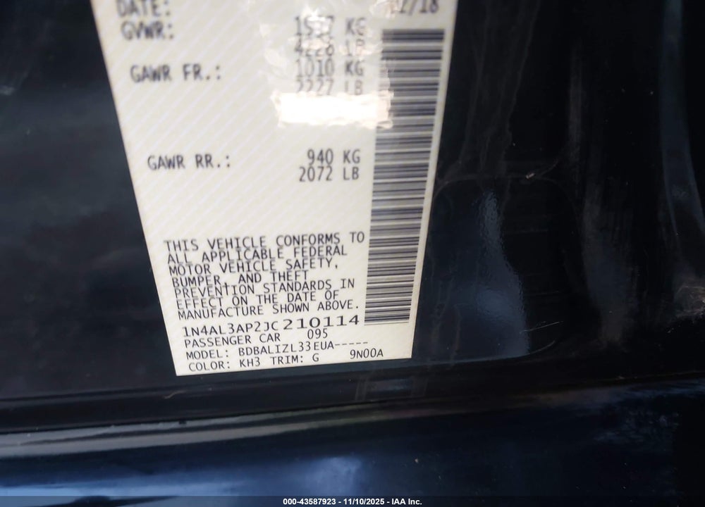 2018 NISSAN ALTIMA VIN: 1N4AL3AP2JC210114