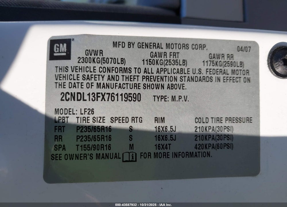 2007 CHEVROLET EQUINOX VIN: 2CNDL13FX76119590