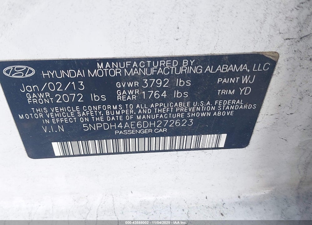 2013 HYUNDAI ELANTRA VIN: 5NPDH4AE6DH272623