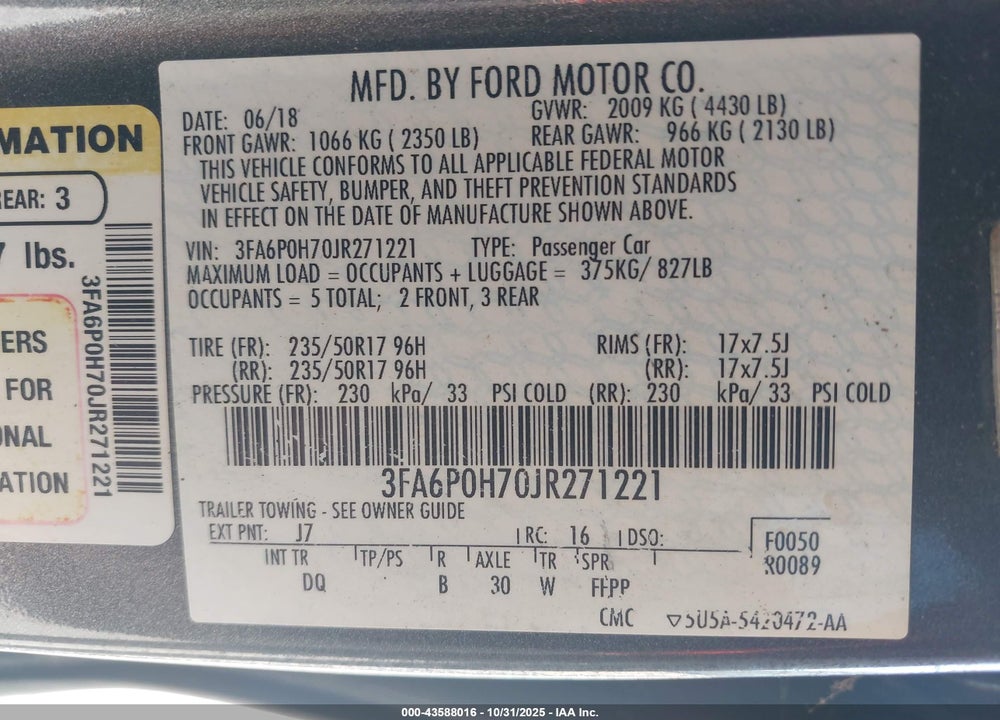 2018 FORD FUSION SE VIN: 3FA6P0H70JR271221