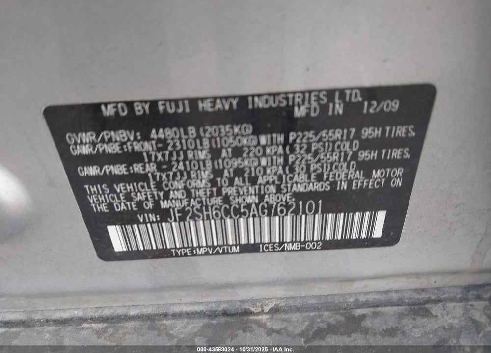 2010 SUBARU FORESTER 2.5X PREMIUM VIN: JF2SH6CC5AG762101