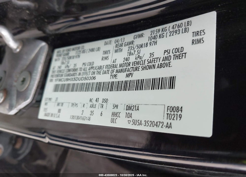 2013 FORD ESCAPE SEL VIN: 1FMCU9HX5DUD50306