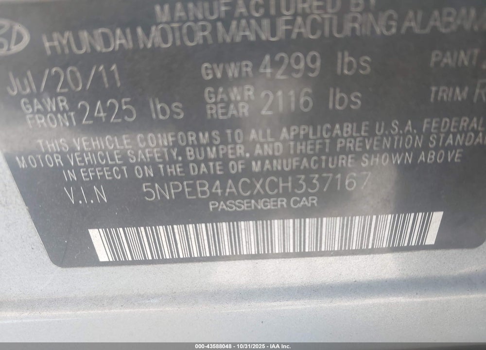 2012 HYUNDAI SONATA GLS VIN: 5NPEB4ACXCH337167
