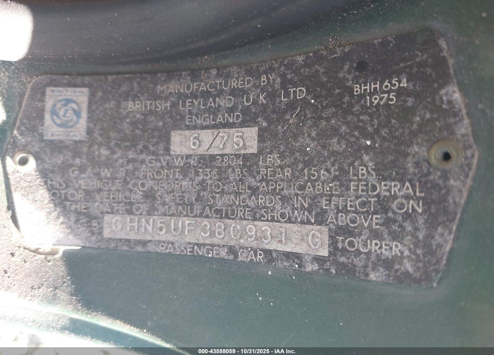 1975 MGB CONVERTABLE VIN: GHN5UF380931G