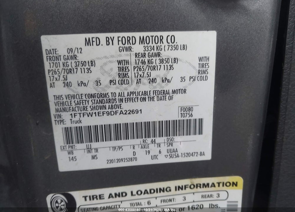 2013 FORD F-150 XLT VIN: 1FTFW1EF9DFA22691