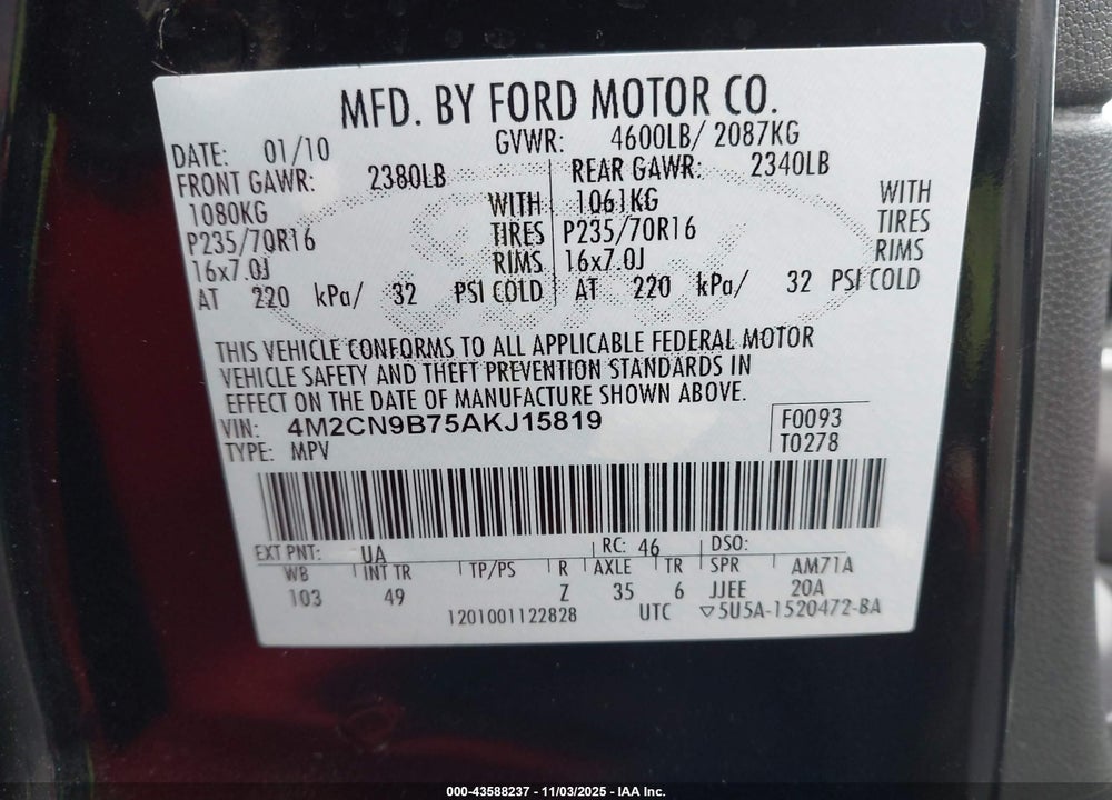2010 MERCURY MARINER VIN: 4M2CN9B75AKJ15819