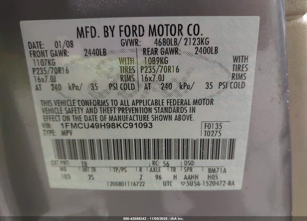 2008 FORD ESCAPE HEV VIN: 1FMCU49H98KC91093
