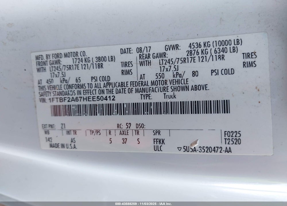 2017 FORD F-250 XL VIN: 1FTBF2A67HEE50412