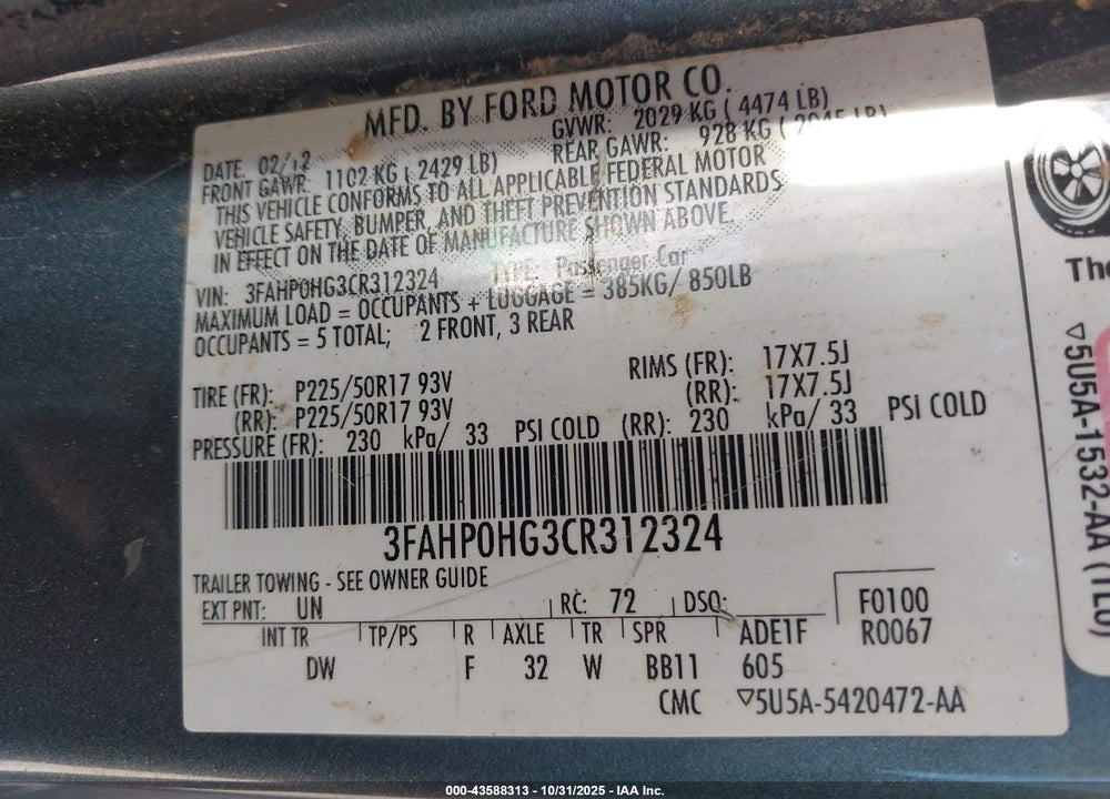 2012 FORD FUSION SE VIN: 3FAHP0HG3CR312324