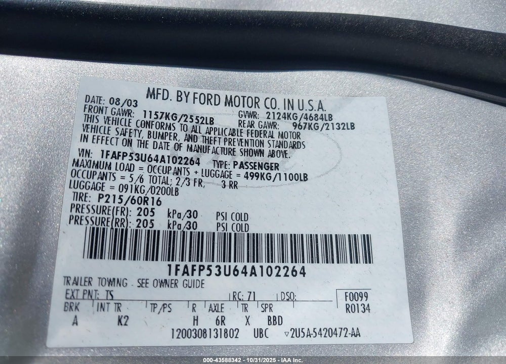 2004 FORD TAURUS SE VIN: 1FAFP53U64A102264