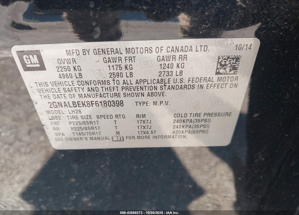 2015 CHEVROLET EQUINOX 1LT VIN: 2GNALBEK8F6180398