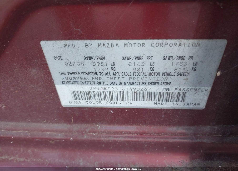 2006 MAZDA 3 VIN: JM1BK323161490267