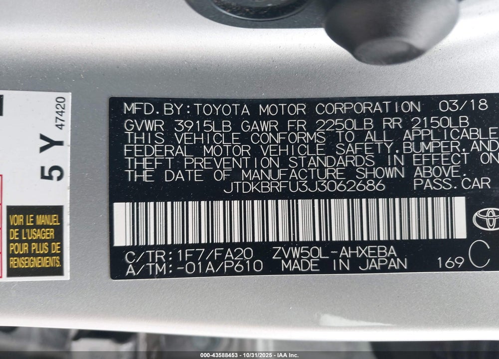 2018 TOYOTA PRIUS TWO VIN: JTDKBRFU3J3062686