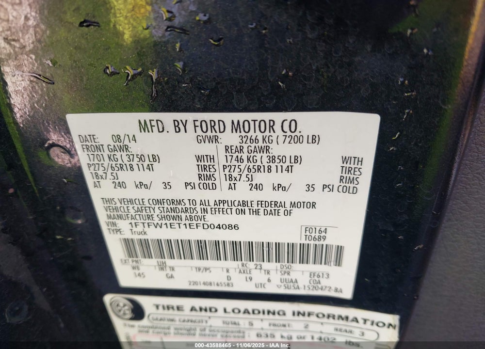 2014 FORD F-150 VIN: 1FTFW1ET1EFD04086