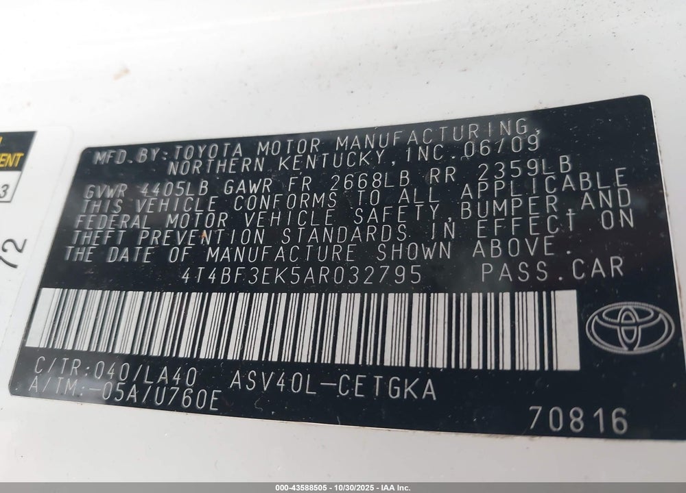 2010 TOYOTA CAMRY XLE VIN: 4T4BF3EK5AR032795