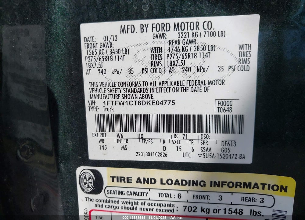 2013 FORD F-150 VIN: 1FTFW1CT8DKE04775
