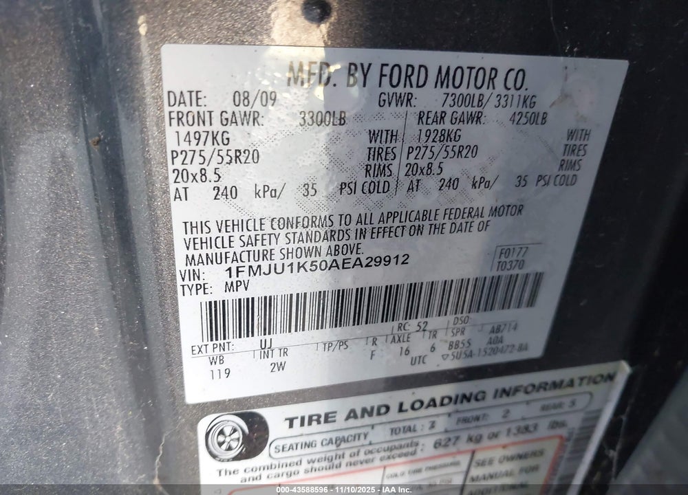 2010 FORD EXPEDITION LIMITED VIN: 1FMJU1K50AEA29912