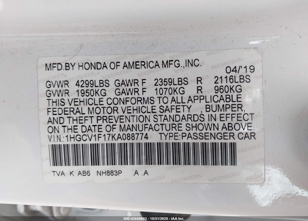2019 HONDA ACCORD LX VIN: 1HGCV1F17KA088774