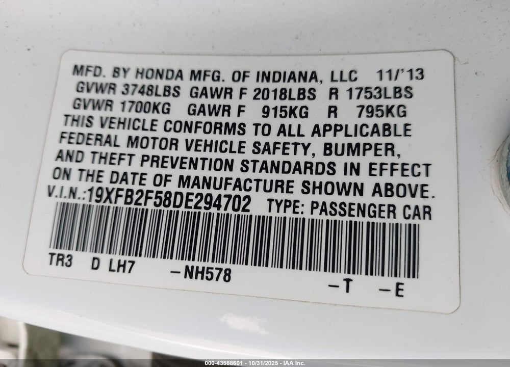 2013 HONDA CIVIC LX VIN: 19XFB2F58DE294702