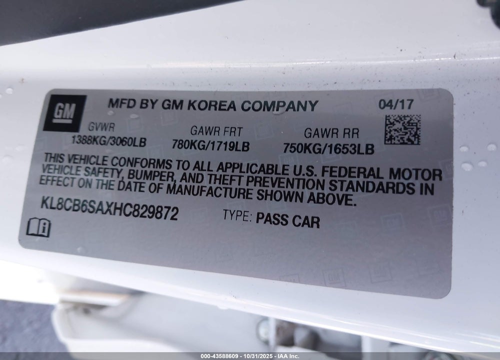 2017 CHEVROLET SPARK LS CVT VIN: KL8CB6SAXHC829872