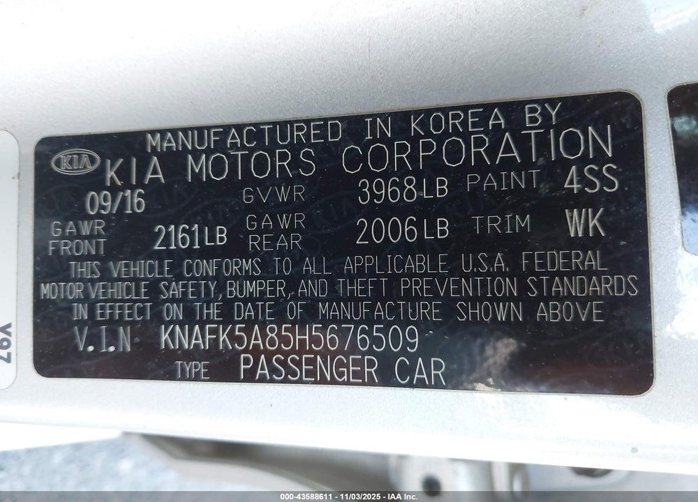 2017 KIA FORTE VIN: KNAFK5A85H5676509