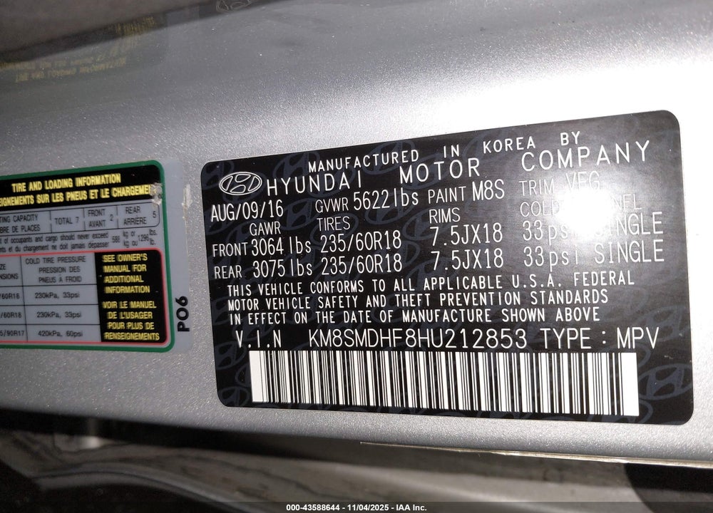2017 HYUNDAI SANTA FE SE VIN: KM8SMDHF8HU212853