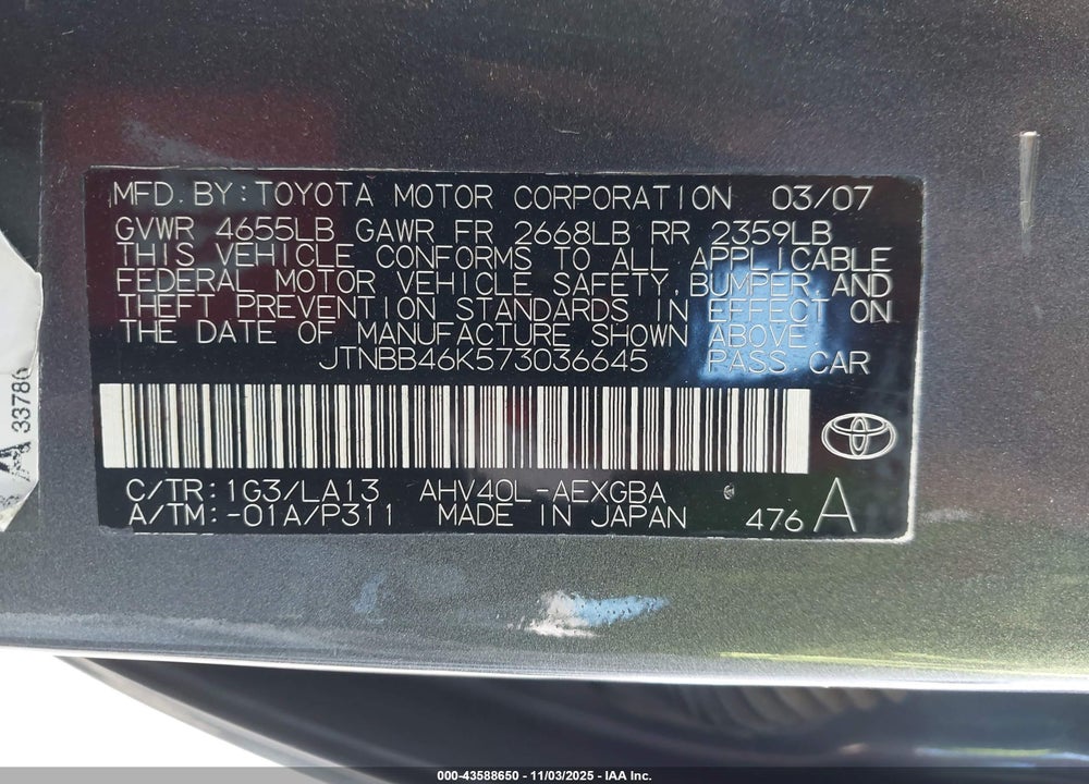 2007 TOYOTA CAMRY HYBRID VIN: JTNBB46K573036645