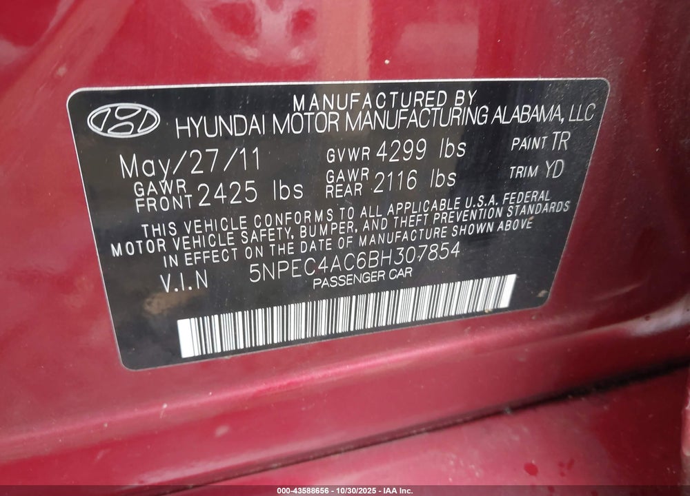 2011 HYUNDAI SONATA VIN: 5NPEC4AC6BH307854