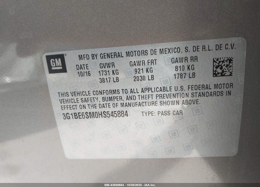 2017 CHEVROLET CRUZE LT AUTO VIN: 3G1BE6SM0HS545884
