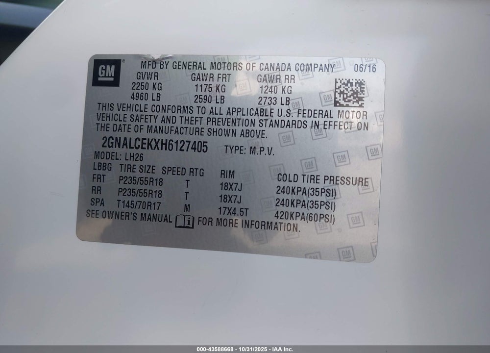 2017 CHEVROLET EQUINOX VIN: 2GNALCEKXH6127405