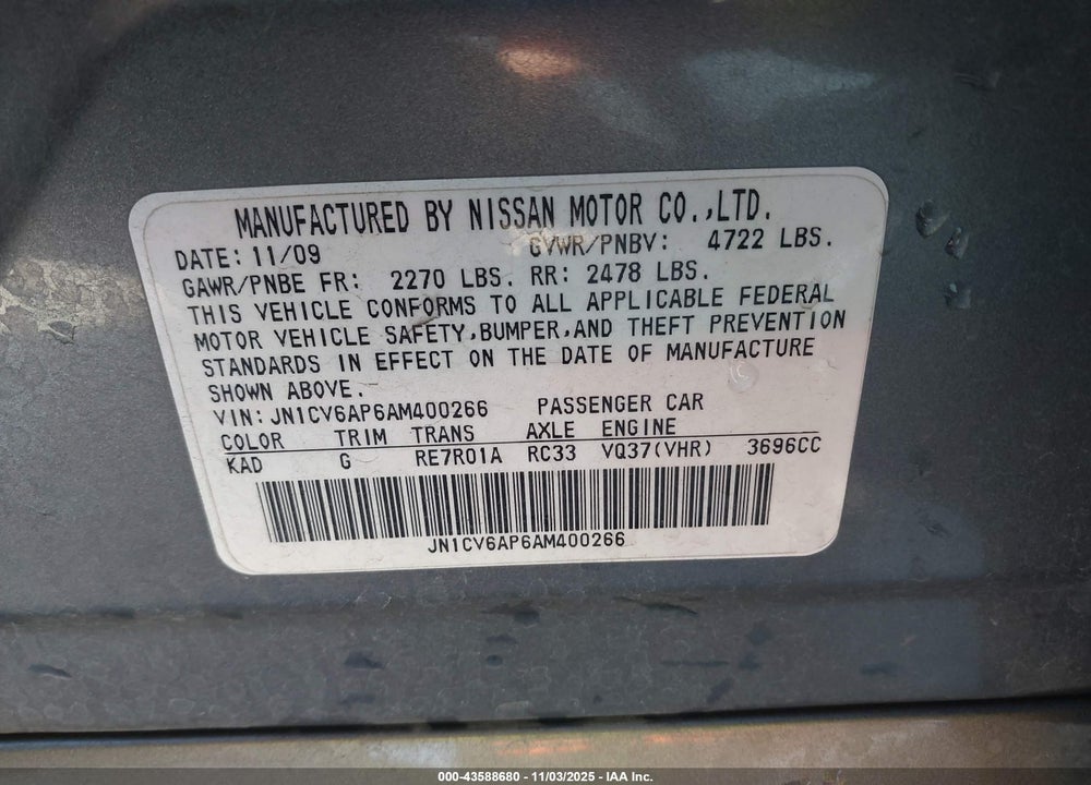 2010 INFINITI G37 SPORT VIN: JN1CV6AP6AM400266