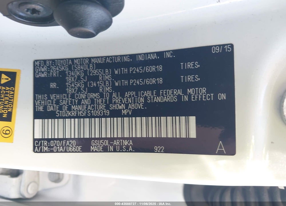 2015 TOYOTA HIGHLANDER LE PLUS V6 VIN: 5TDZKRFH5FS109319