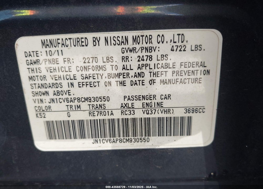 2012 INFINITI G37 VIN: JN1CV6AP8CM930550
