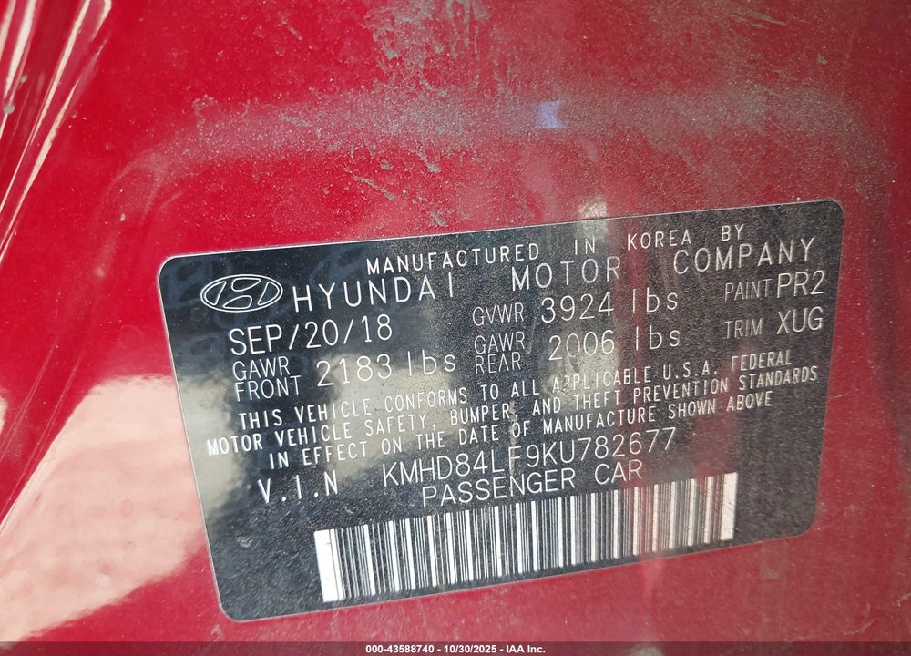 2019 HYUNDAI ELANTRA VIN: KMHD84LF9KU782677