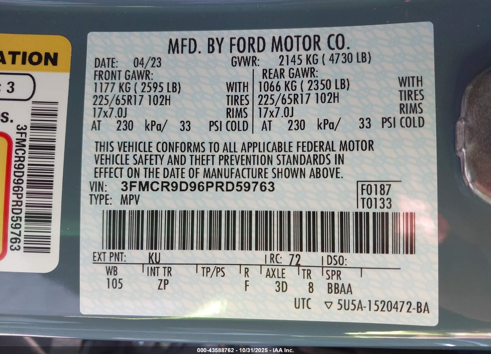 2023 FORD BRONCO SPORT BADLANDS VIN: 3FMCR9D96PRD59763