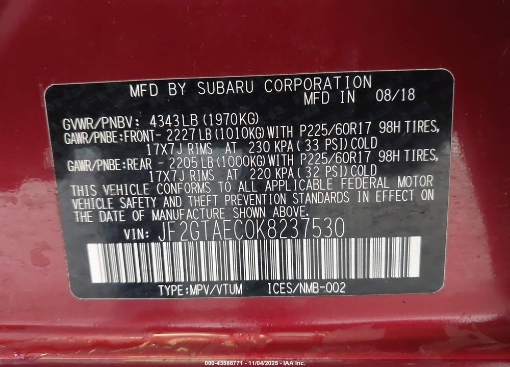 2019 SUBARU CROSSTREK 2.0I PREMIUM VIN: JF2GTAEC0K8237530