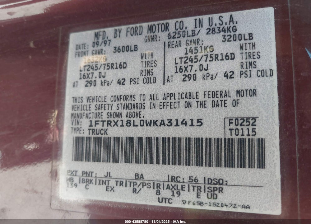 1998 FORD F-150 VIN: 1FTRX18L0WKA31415