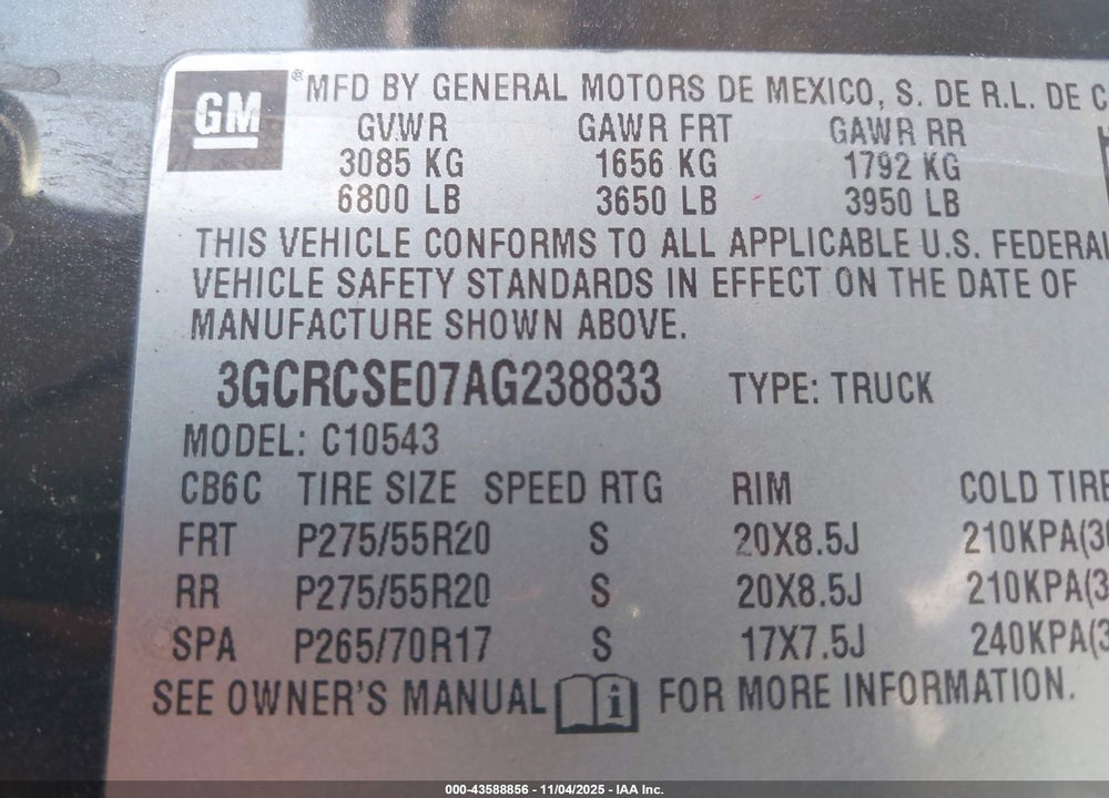2010 CHEVROLET SILVERADO 1500 LT VIN: 3GCRCSE07AG238833