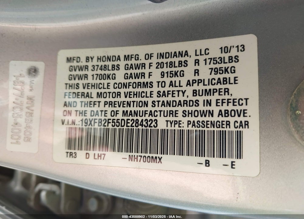 2013 HONDA CIVIC LX VIN: 19XFB2F55DE284323