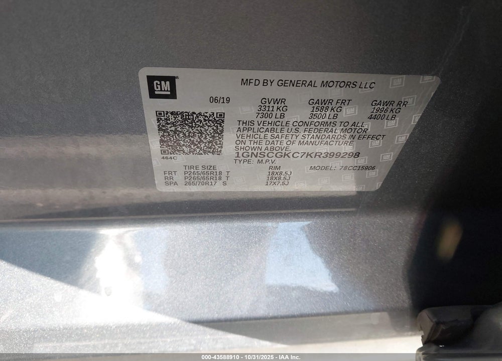 2019 CHEVROLET SUBURBAN LS VIN: 1GNSCGKC7KR399298