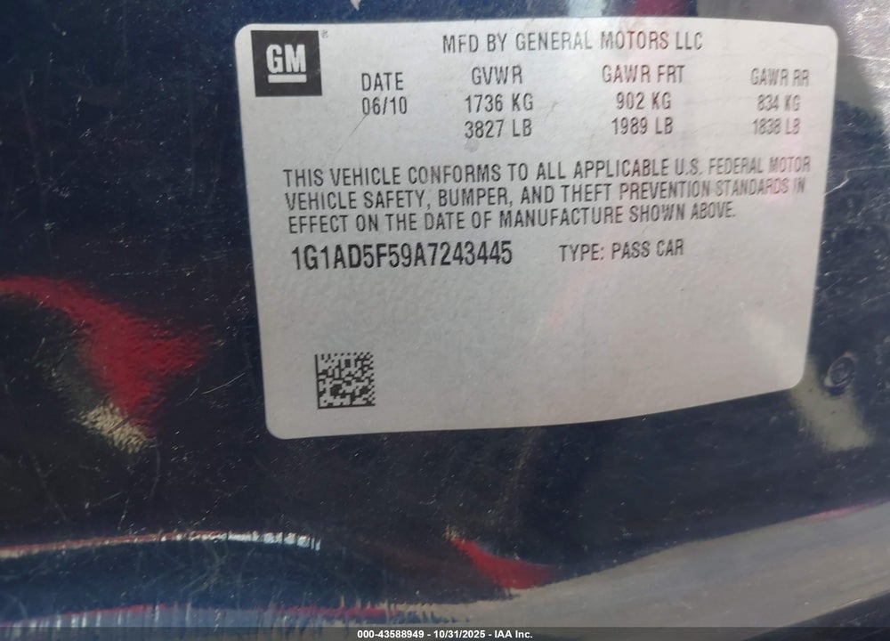 2010 CHEVROLET COBALT LT VIN: 1G1AD5F59A7243445