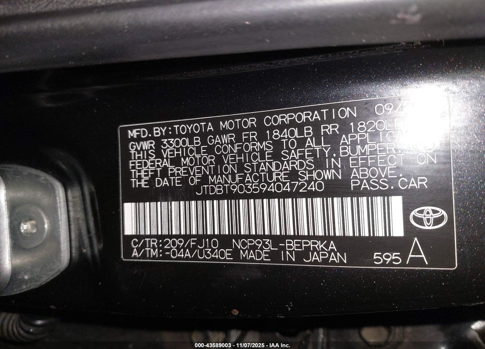 2009 TOYOTA YARIS VIN: JTDBT903594047240