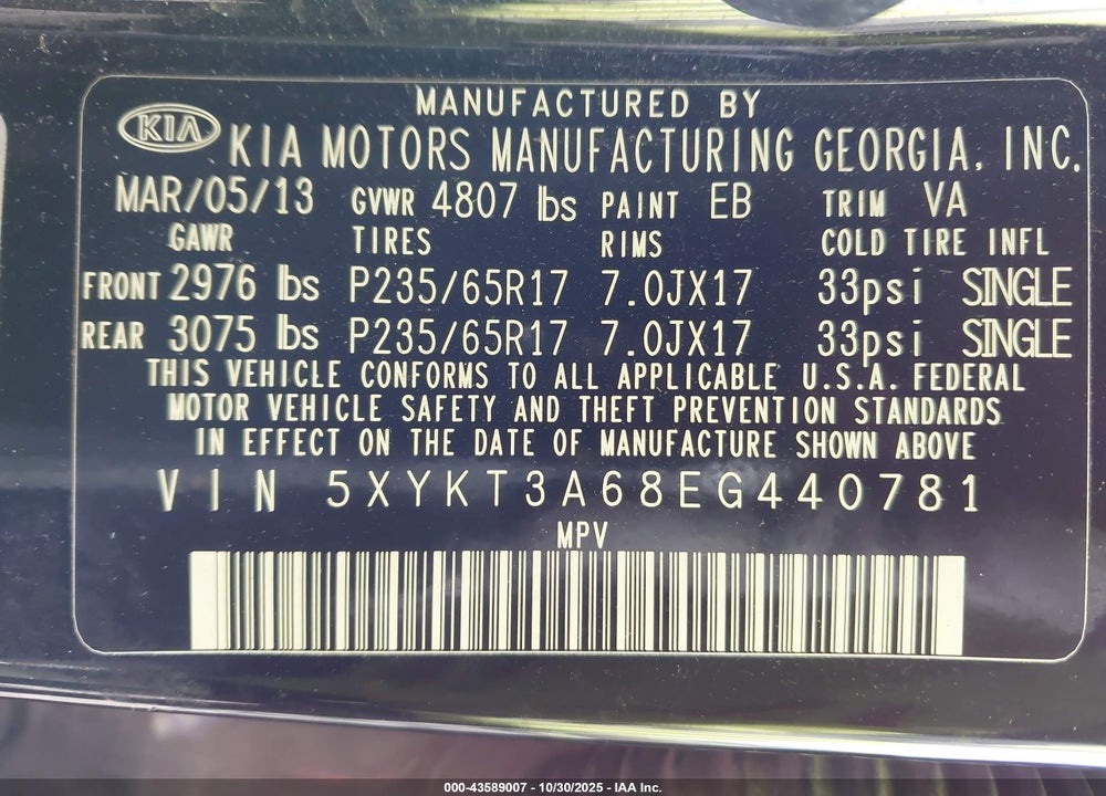 2014 KIA SORENTO LX VIN: 5XYKT3A68EG440781